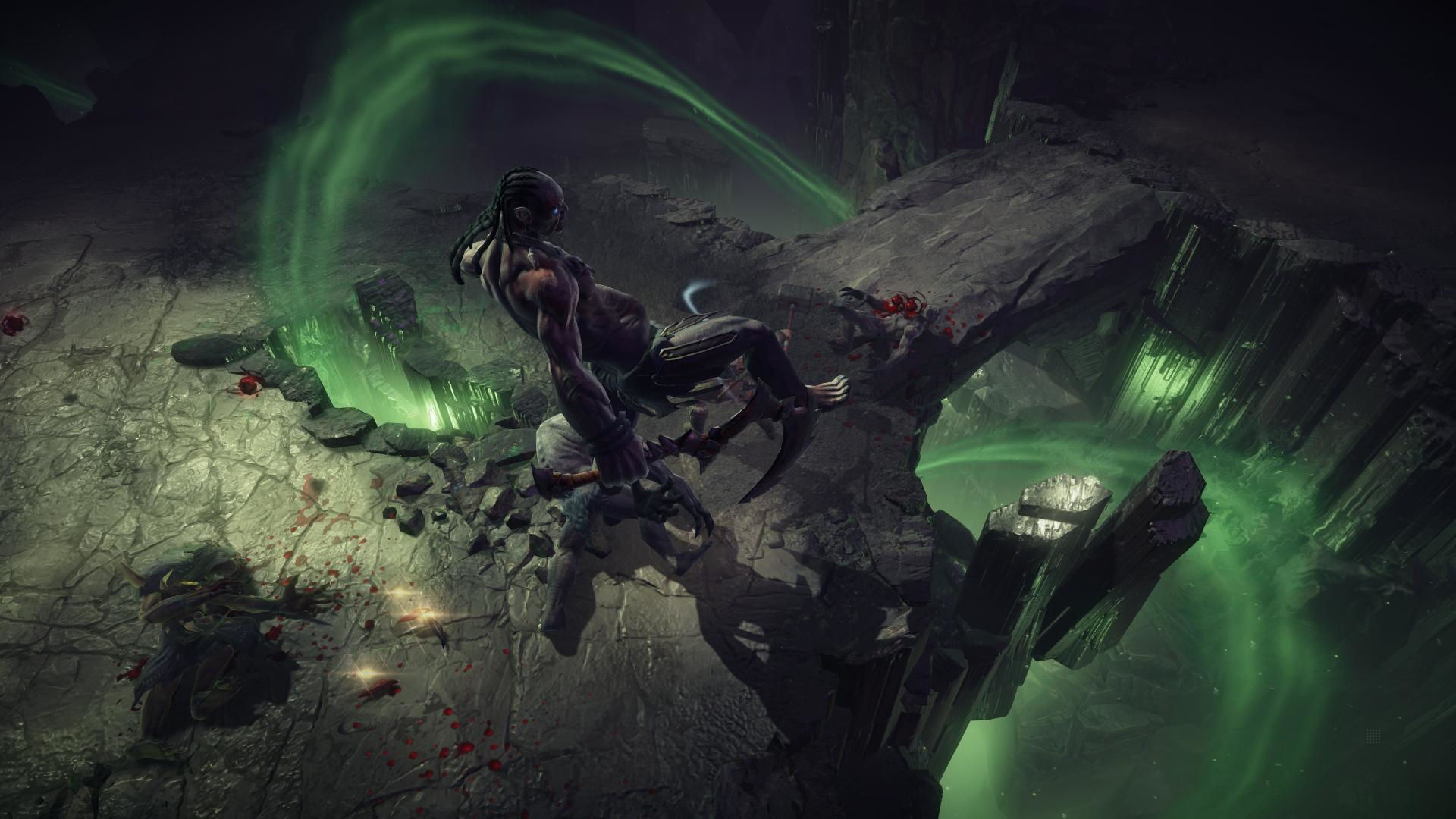 Scena z gry pokazująca walkę z postacią spadającą w dół.