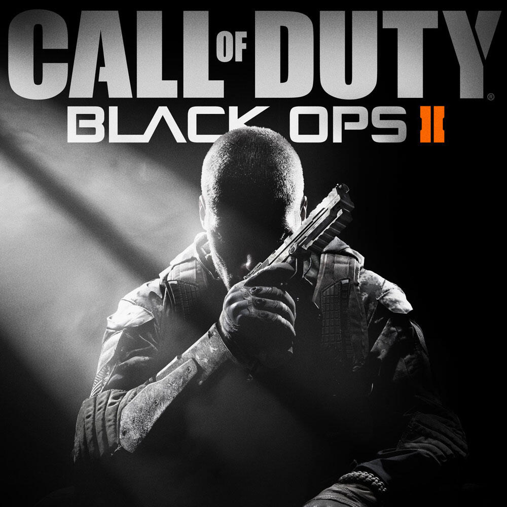 Okładka Call of Duty Black Ops II. Sylwetka mężczyzny trzymającego broń, ciemne tło.
