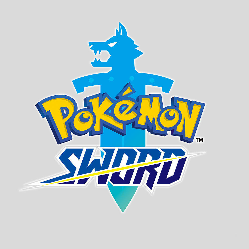 Logo Pokemon Sword. Niebieski miecz i tarcza, żółty tekst Pokemon, białe tło.
