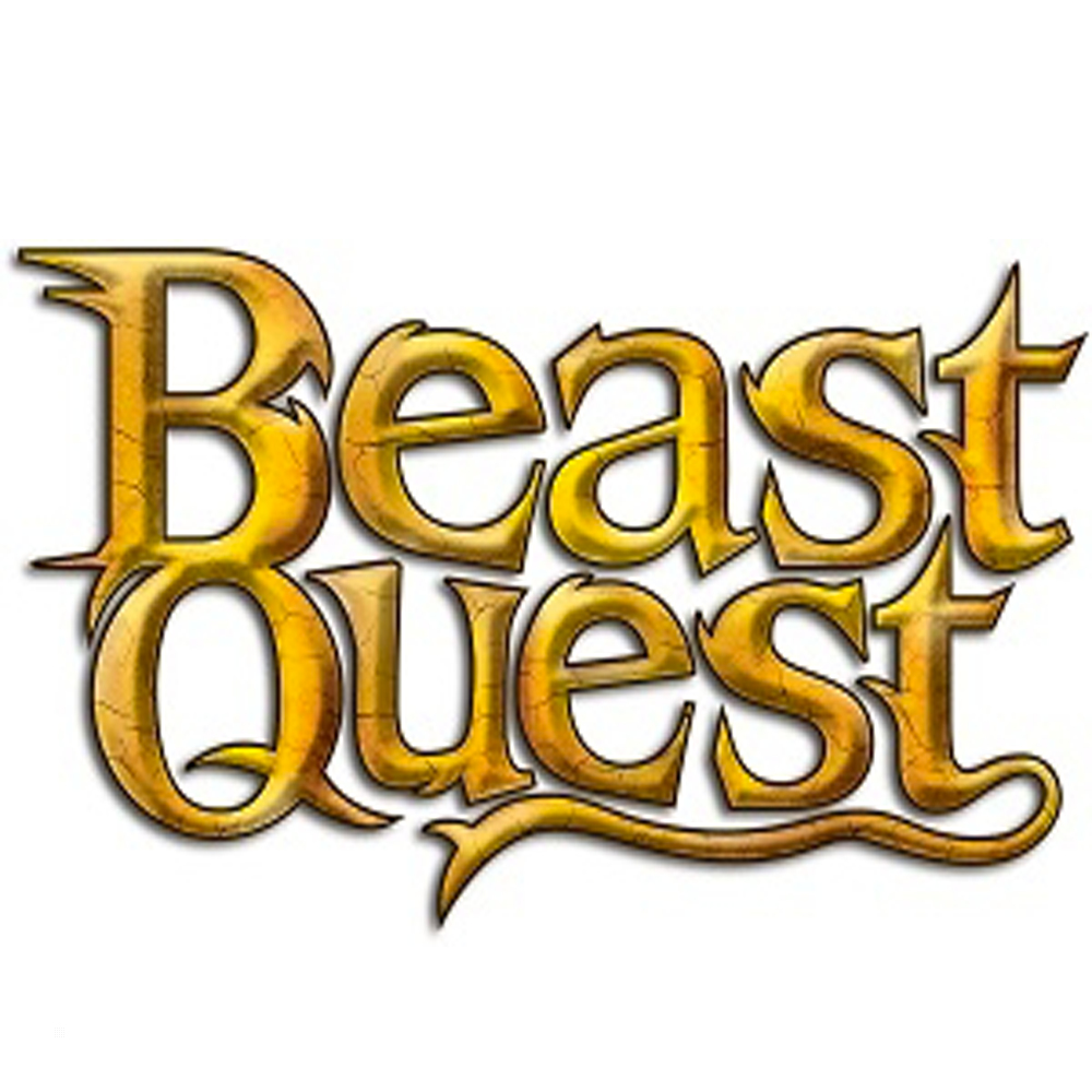 Logo 'Beast Quest' w kolorze złotym, z popękanymi, teksturowanymi literami na białym tle.