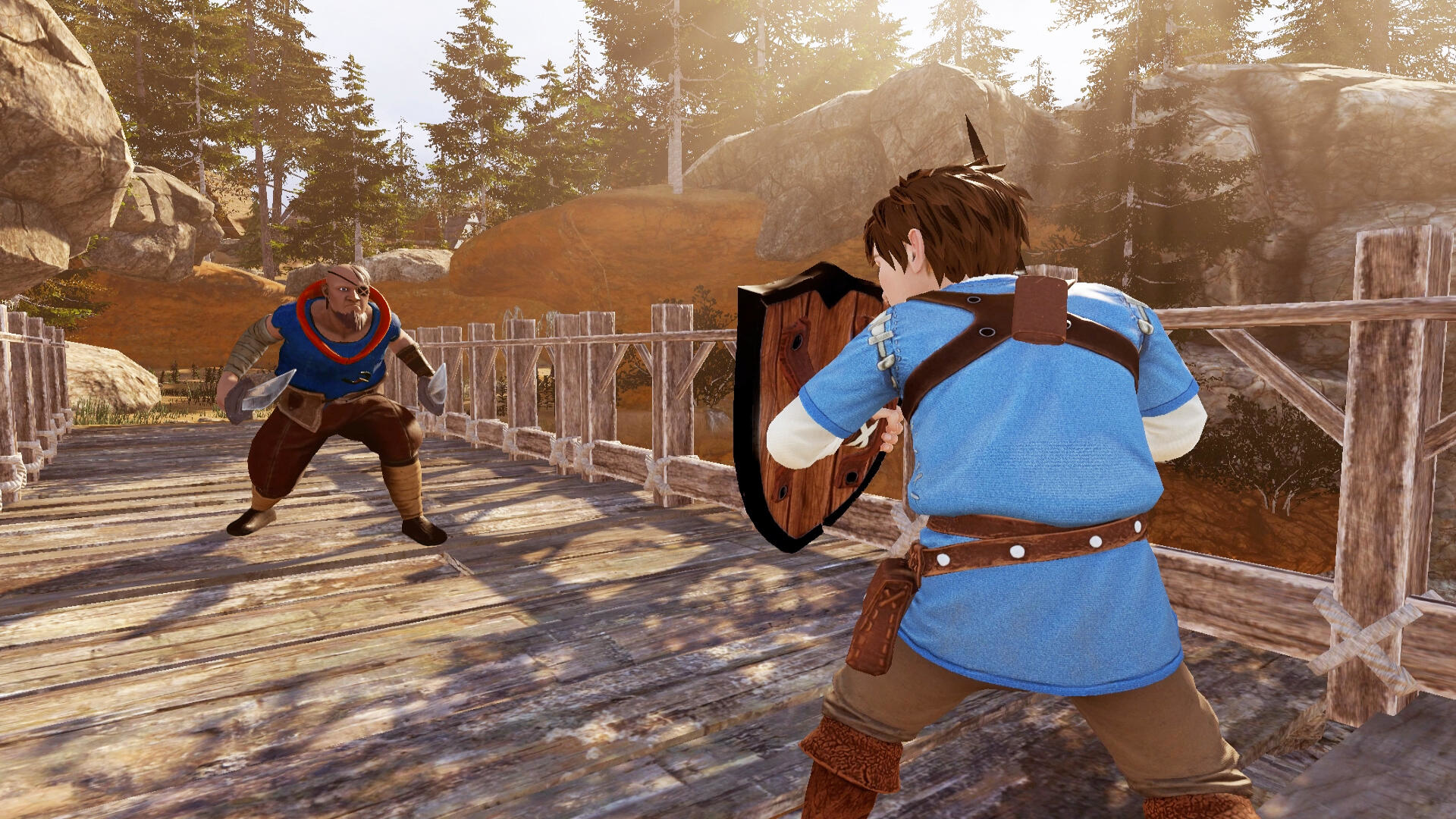 Rycerz trzymający tarczę stoi naprzeciwko mężczyźnie z nożem na drewnianym moście.