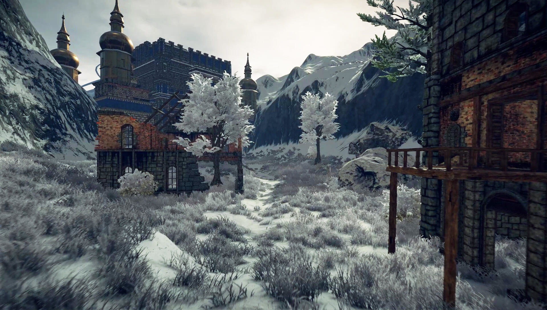 Zaśnieżony krajobraz z zamkiem i górami w tle.