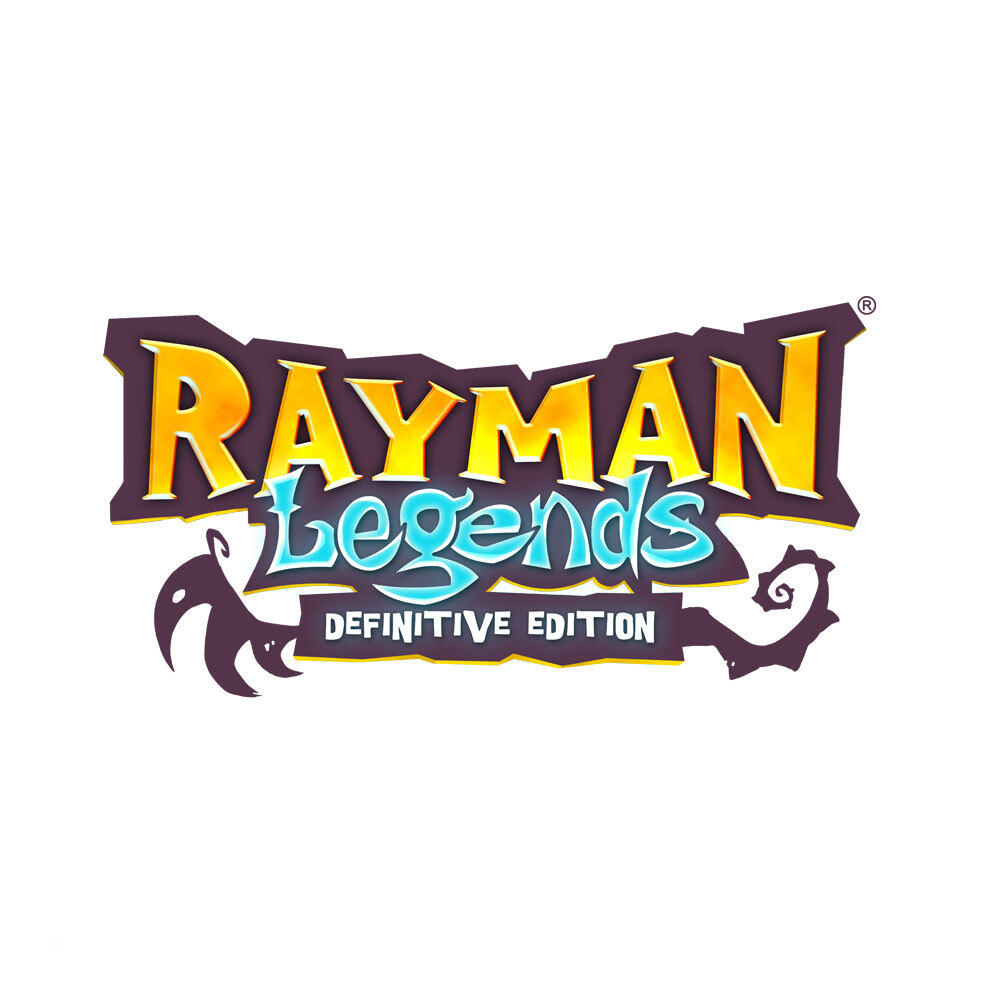 Rayman Legends logosu. Koyu arka planda sarı ve turuncu metin, mor bir tasarım.