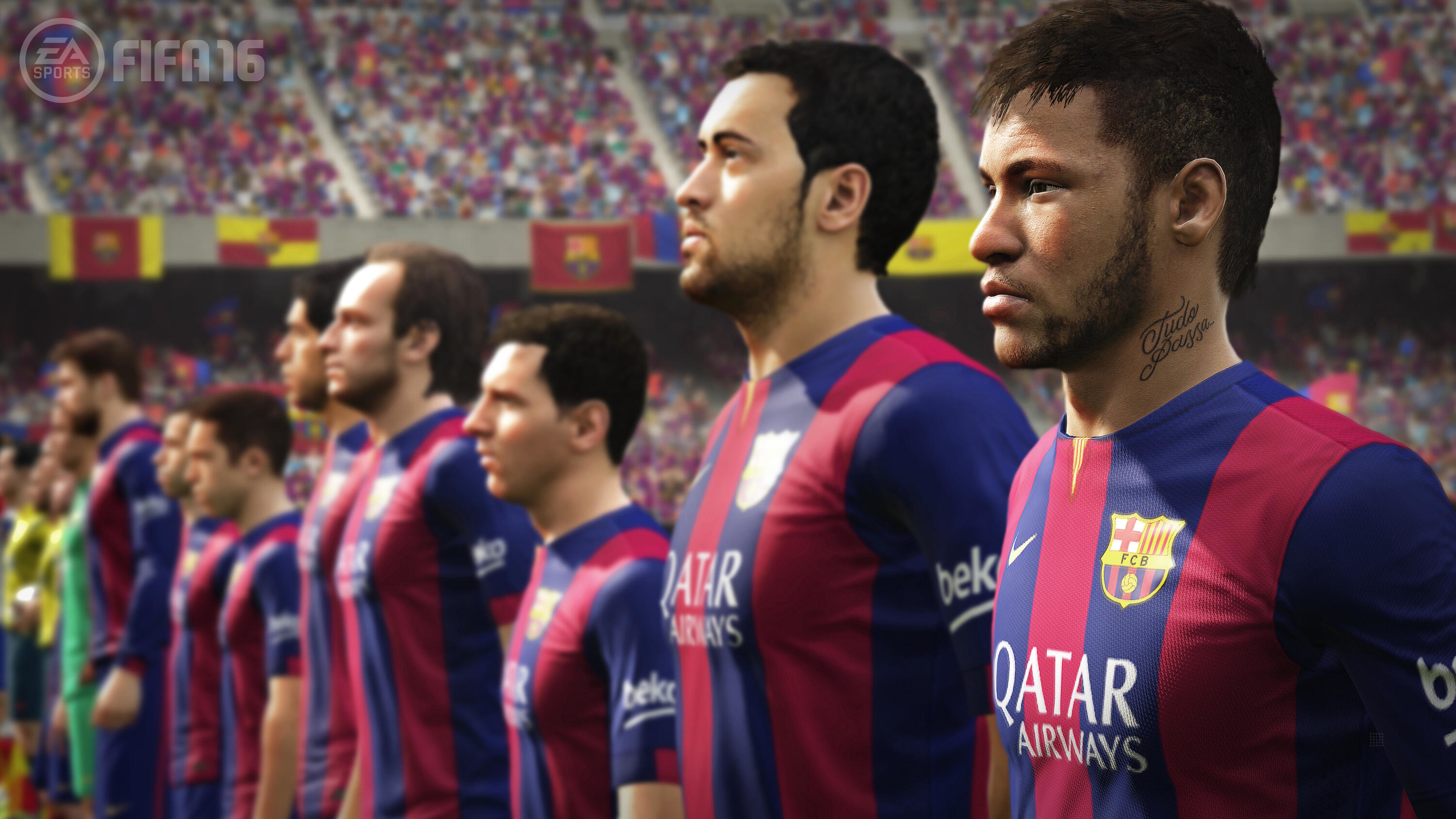Zrzut ekranu z FIFA 16. Piłkarze w niebieskich i czerwonych koszulkach na boisku.