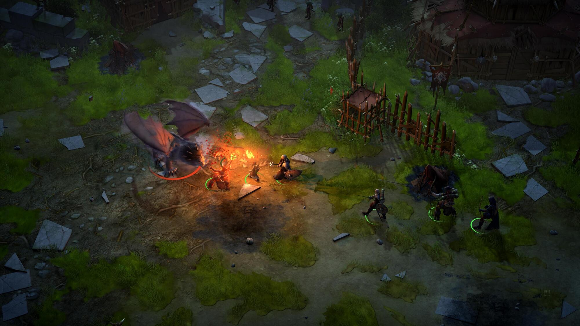 Scena di gioco con personaggi che combattono un drago in un'area erbosa, vista dall'alto, con effetto fuoco.