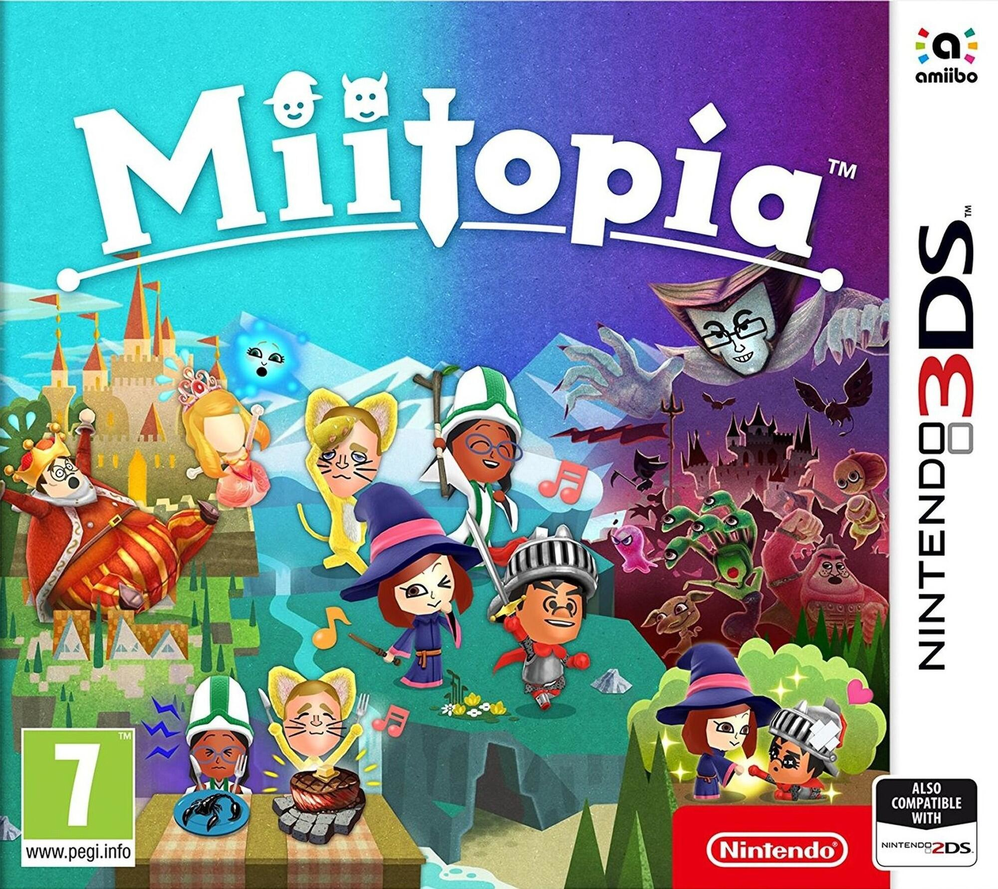 Okładka gry Miitopia. Prezentowane są postacie w kostiumach. Pokazuje zamek i logo Nintendo 3DS.