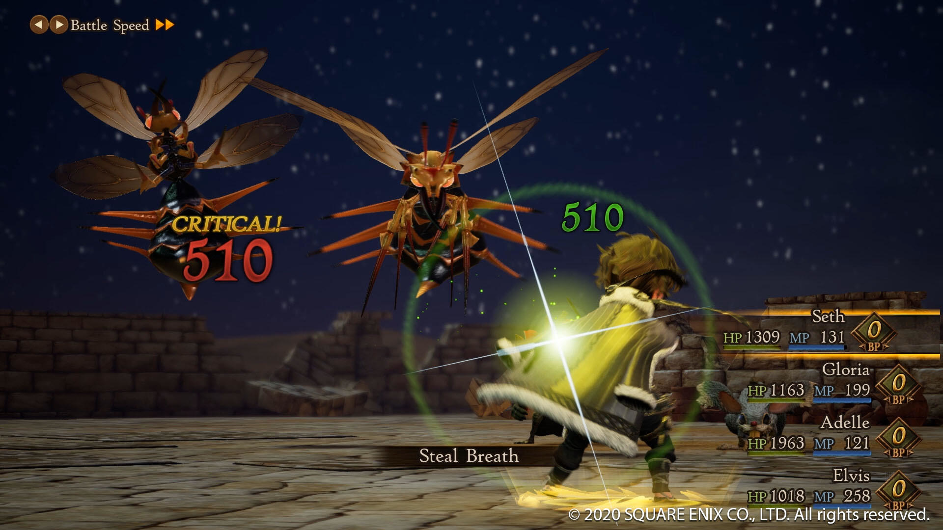 Scena z gry z postaciami walczącymi z gigantycznymi owadami, widoczny interfejs.