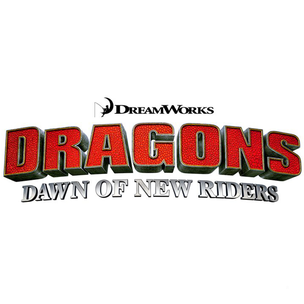 Logo 'Dragons Dawn of New Riders' z logo DreamWorks powyżej.