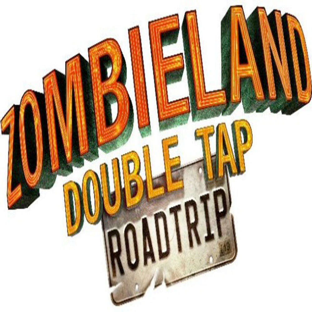Logo Zombieland Double Tap Roadtrip. Pomarańczowe litery, z tablicą rejestracyjną.