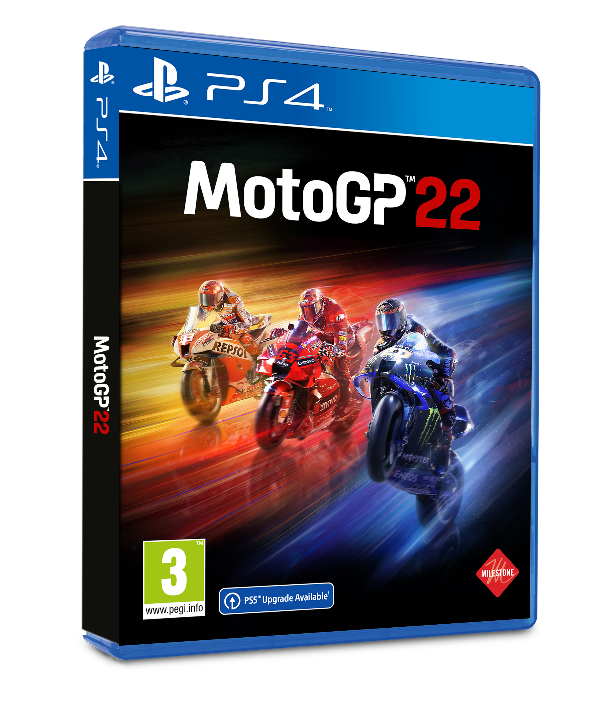 Pudełko gry MotoGP 22. Trzy motocykle na okładce. Logo PS4 na górze.