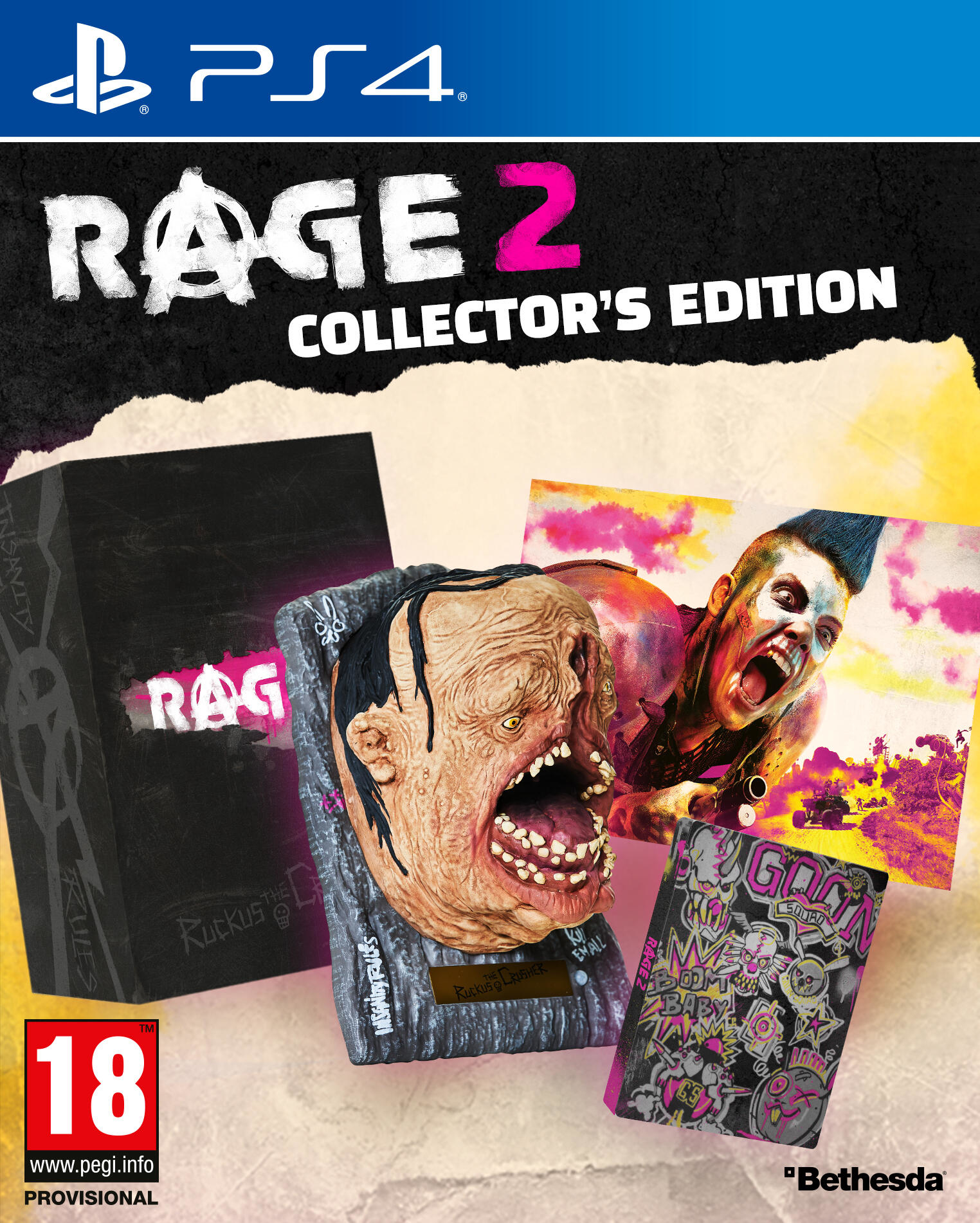 Rage 2 Collector's Edition. Include scatola e statuetta di un volto con bocca aperta.