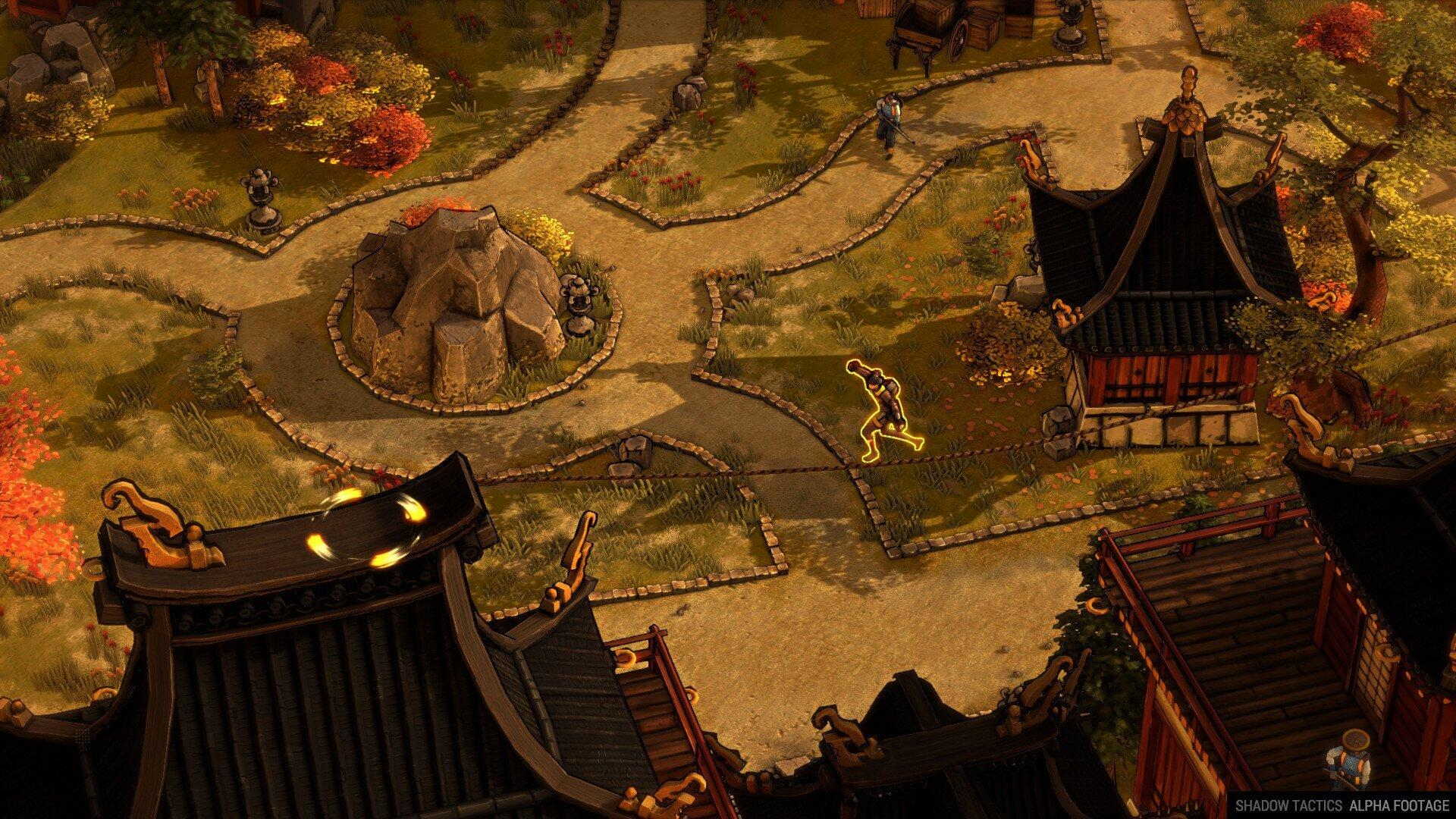 Una vista dall'alto di una scena di gioco con edifici e persone.