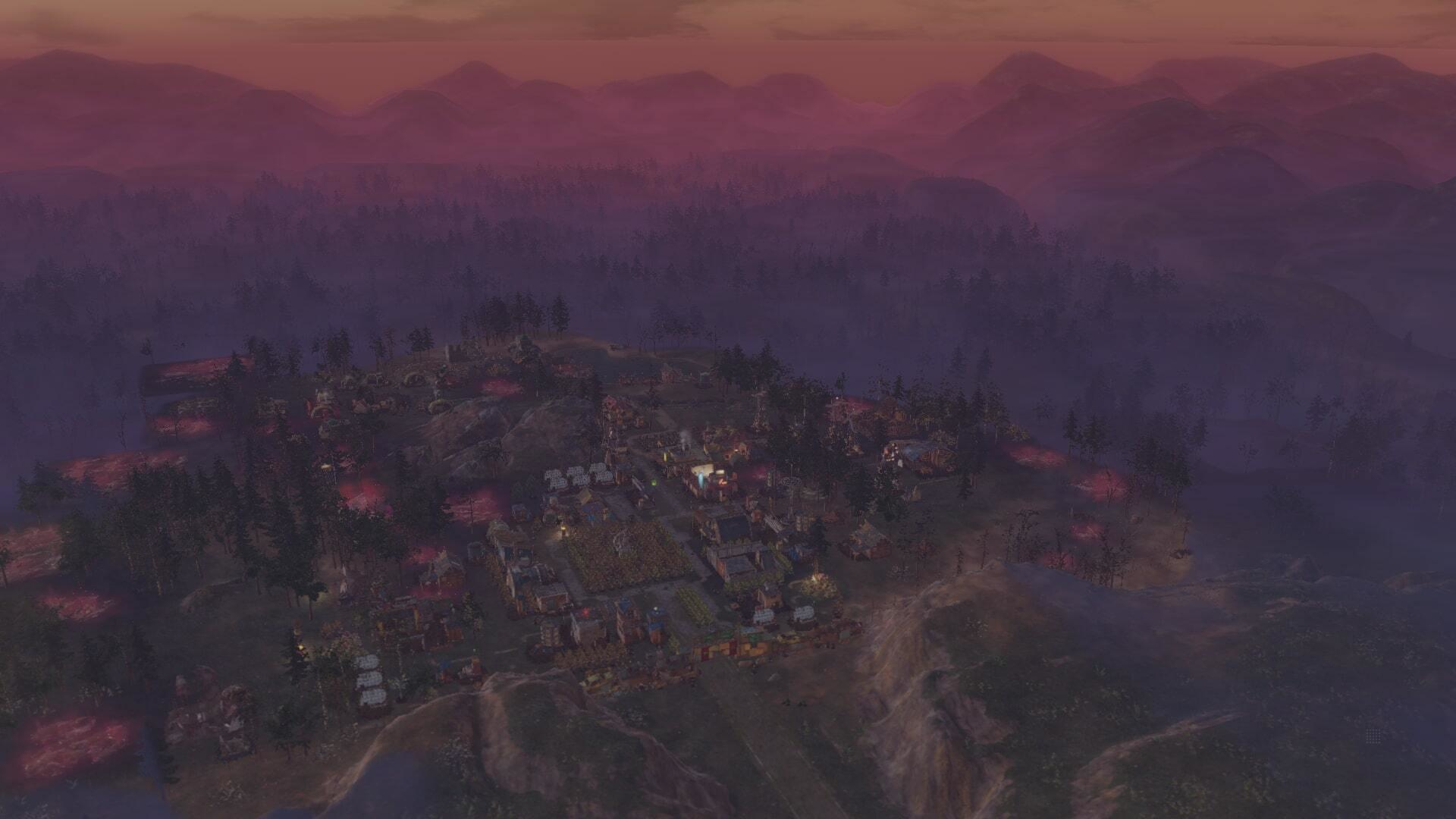 Wioska o zmierzchu, ze strukturami i światłami. Niebo to mieszanka fioletowych i pomarańczowych odcieni.