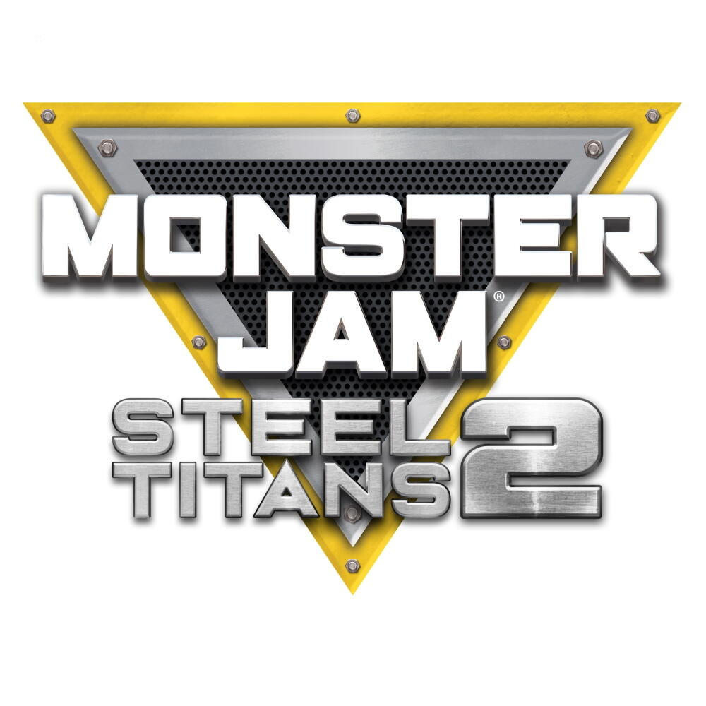 Logo Monster Jam Steel Titans 2. Znajduje się na żółtym trójkącie.