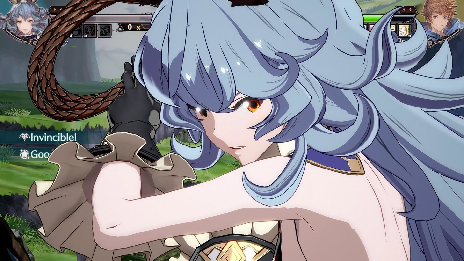 Kobieta z niebieskimi włosami w grze walki. Patrzy na widza z determinacją.