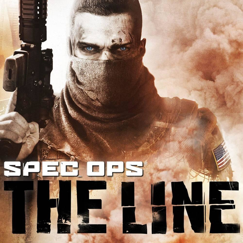 Copertina del gioco Spec Ops: The Line. Un soldato con una maschera e una bandiera americana sulla spalla.