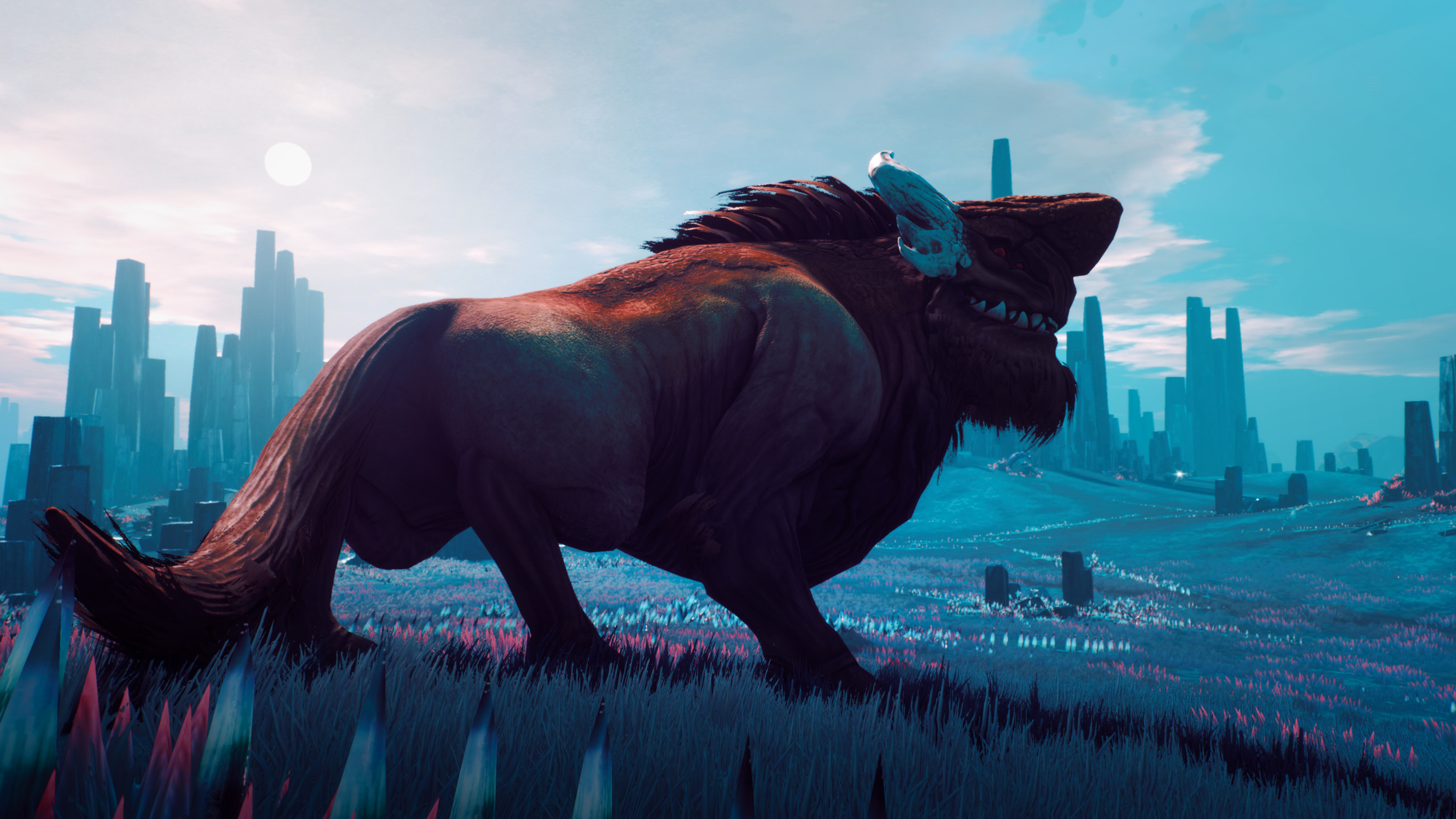 Stworzenie podobne do lwa z ptakiem na głowie w futurystycznym otoczeniu.