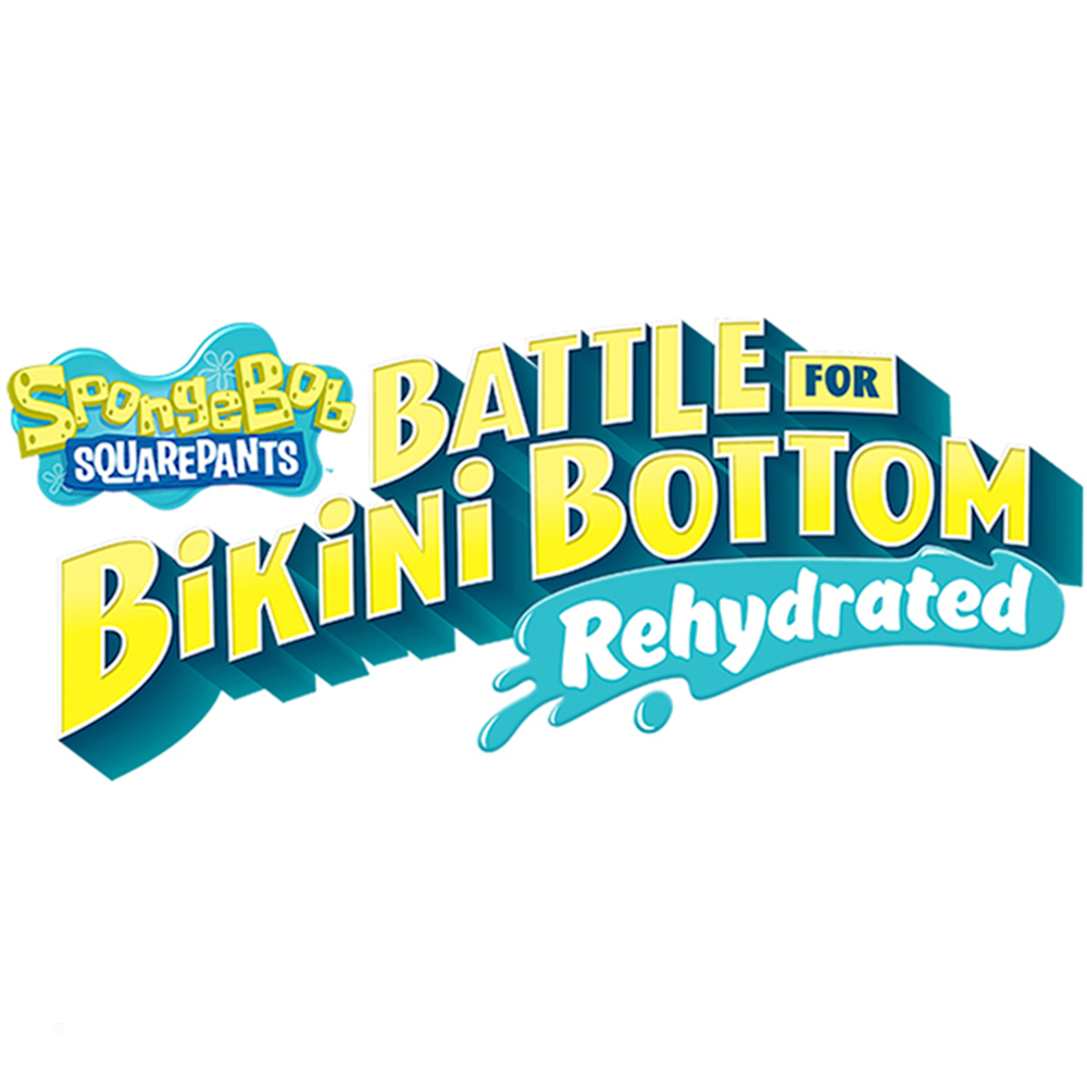 Logo gry SpongeBob SquarePants Battle for Bikini Bottom Rehydrated. Żółty tekst z niebieskimi akcentami.