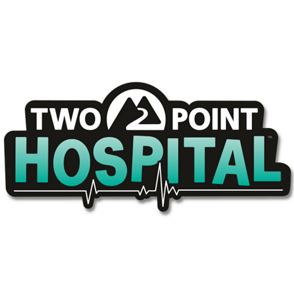 Logo Two Point Hospital. Tekst: TWO POINT HOSPITAL nad linią bicia serca.