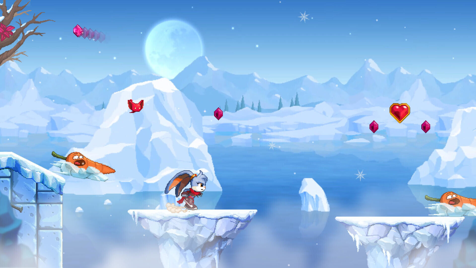 Scena z gry z królikiem biegnącym po lodowych platformach. Duży księżyc na niebie.