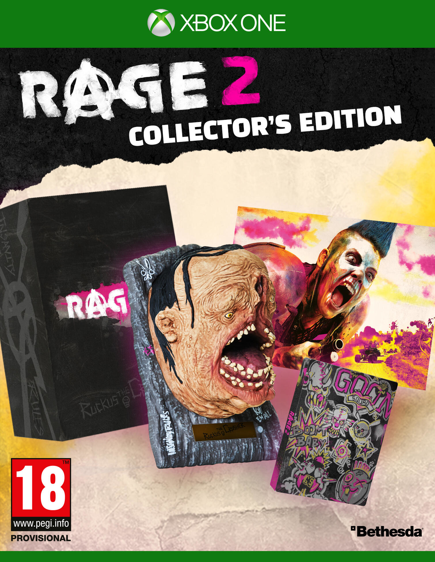 Scatola dell'edizione da collezione di RAGE 2. Un busto del personaggio, il disco di gioco e altri oggetti.