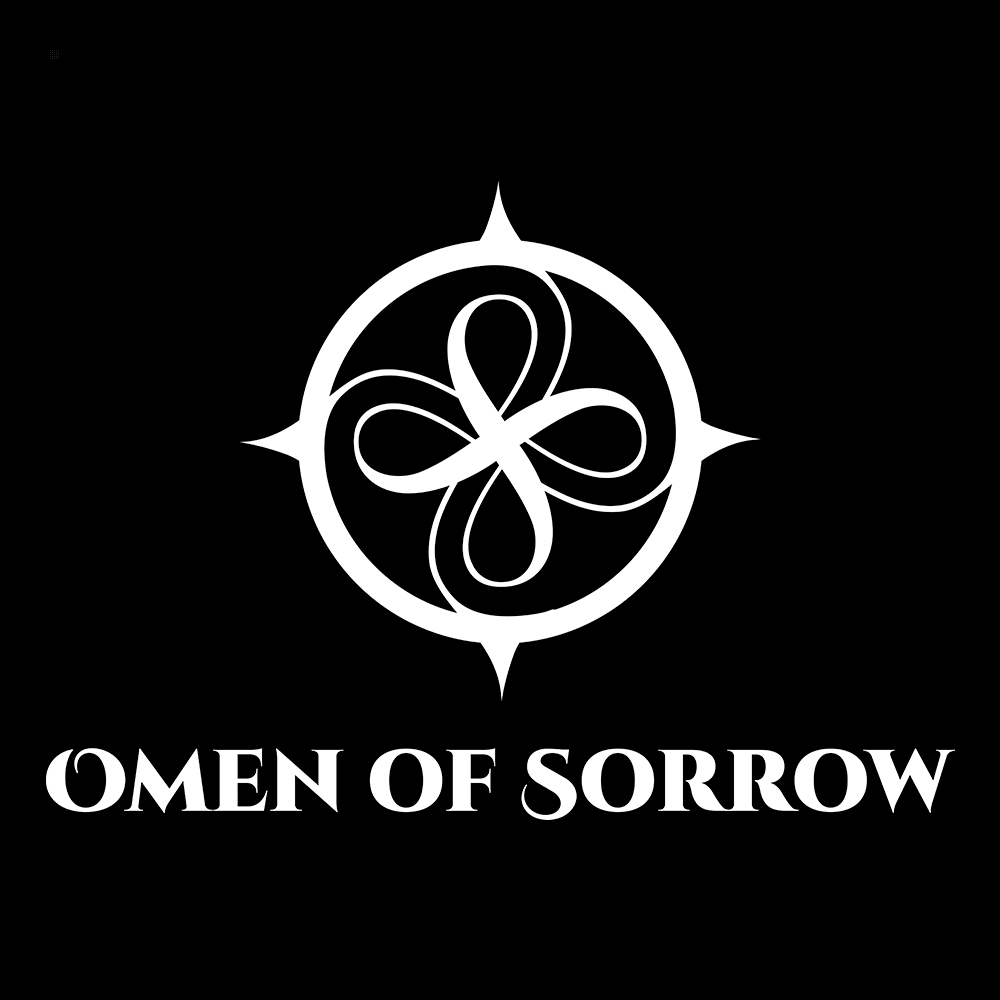 Logo Omen of Sorrow. Un simbolo bianco e ornato su sfondo nero.