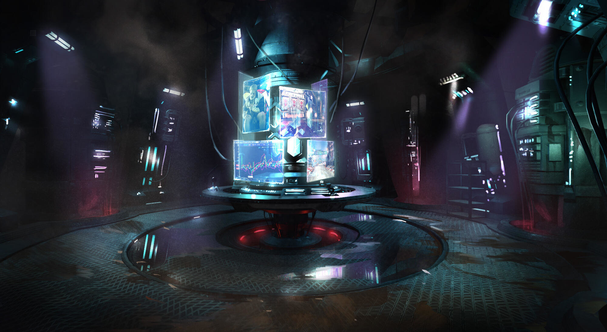 Una stanza futuristica e circolare con schermi che mostrano scene di gioco, creando un'atmosfera tecnologica.