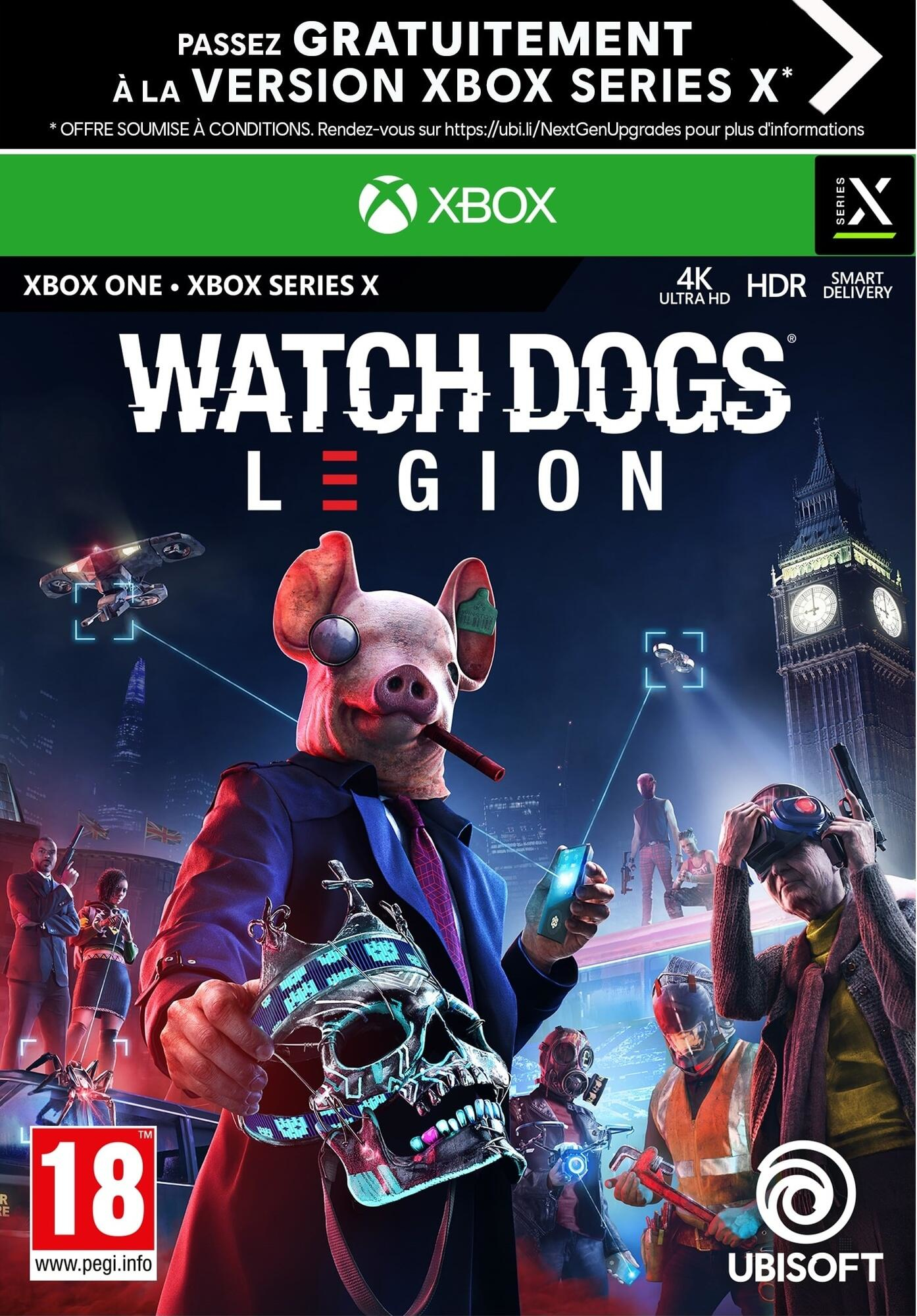 Copertina del gioco Watch Dogs Legion con un personaggio con maschera di maiale che tiene un teschio.