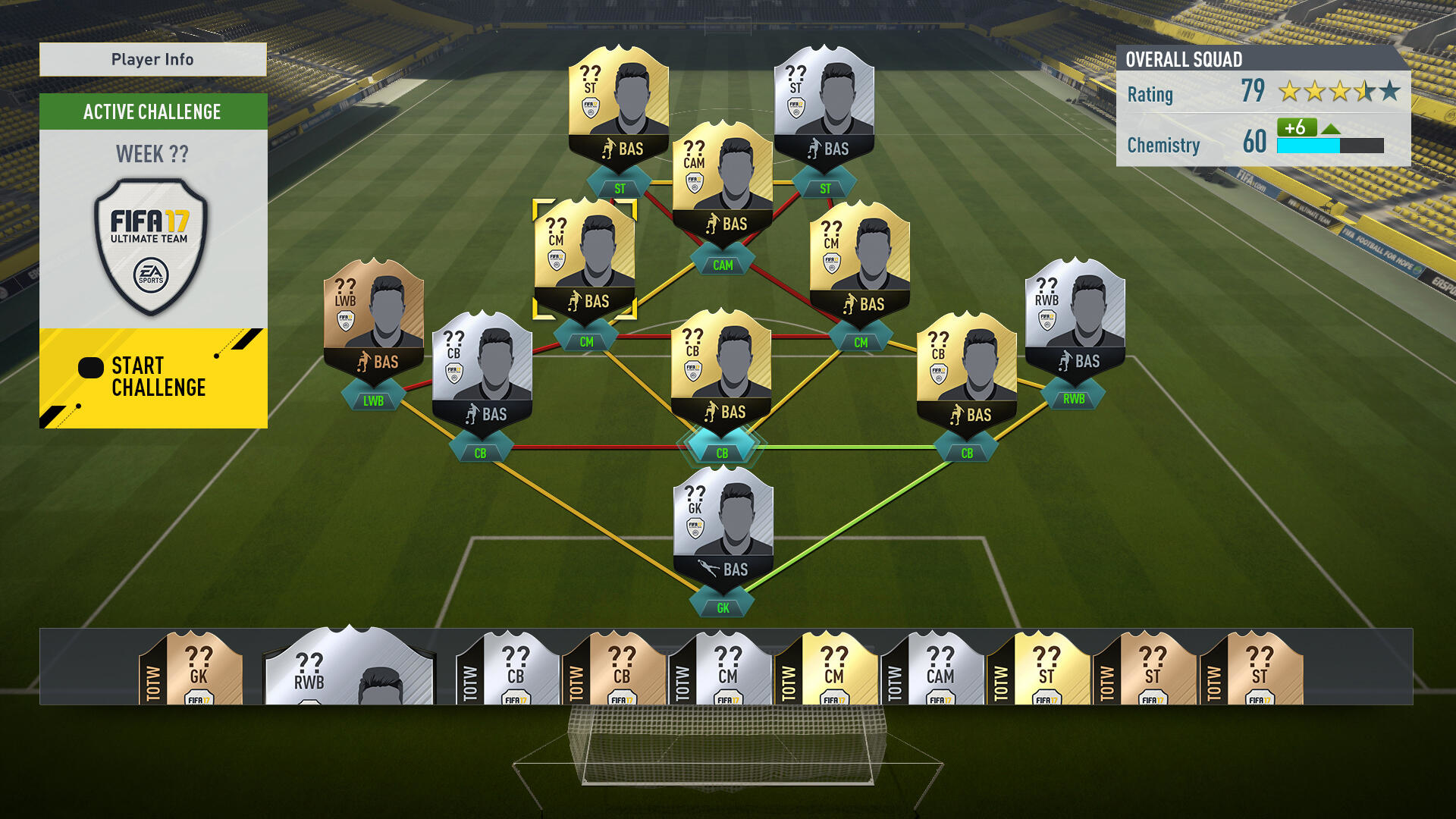 Schermata di FIFA 17 con formazione. Posizioni giocatori, valutazione e informazioni chimica.