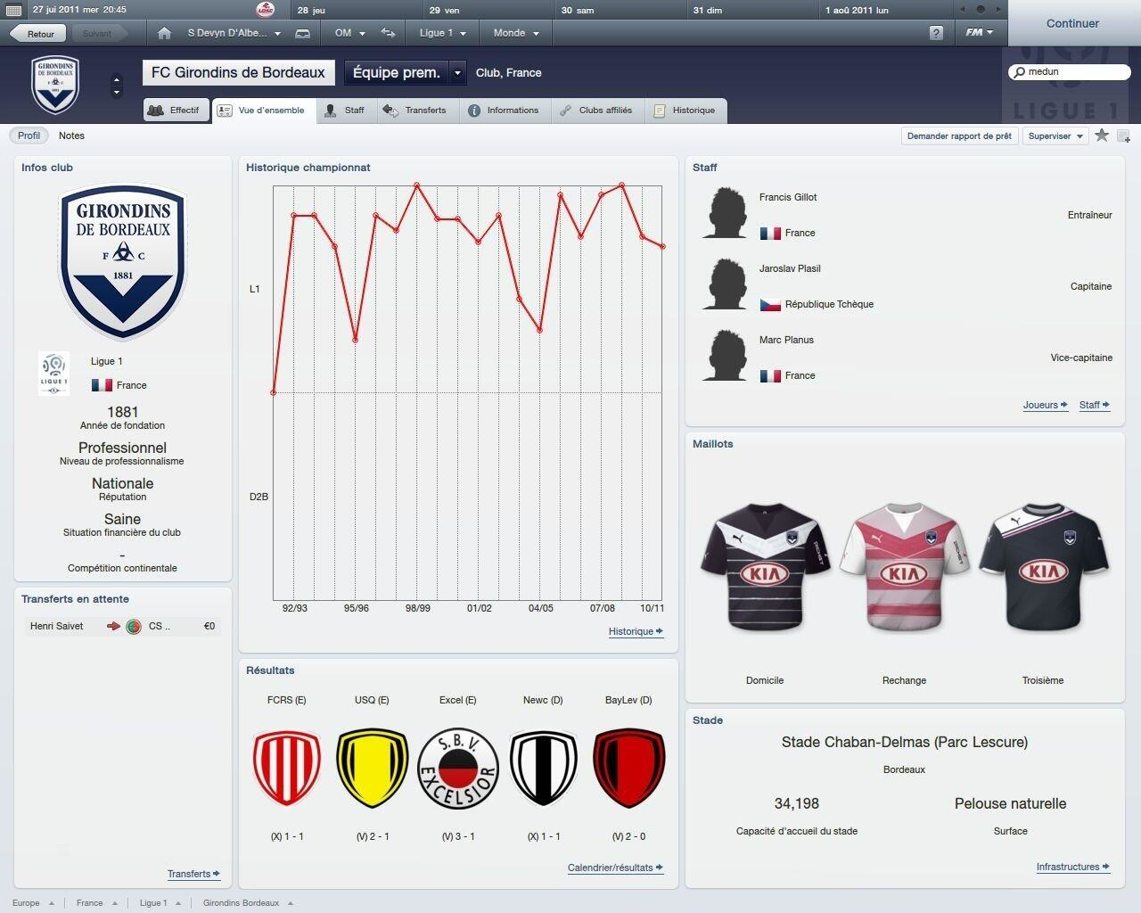 Una schermata di un gioco di gestione sportiva. Vengono visualizzati dati, grafici, logo della squadra e maglie.