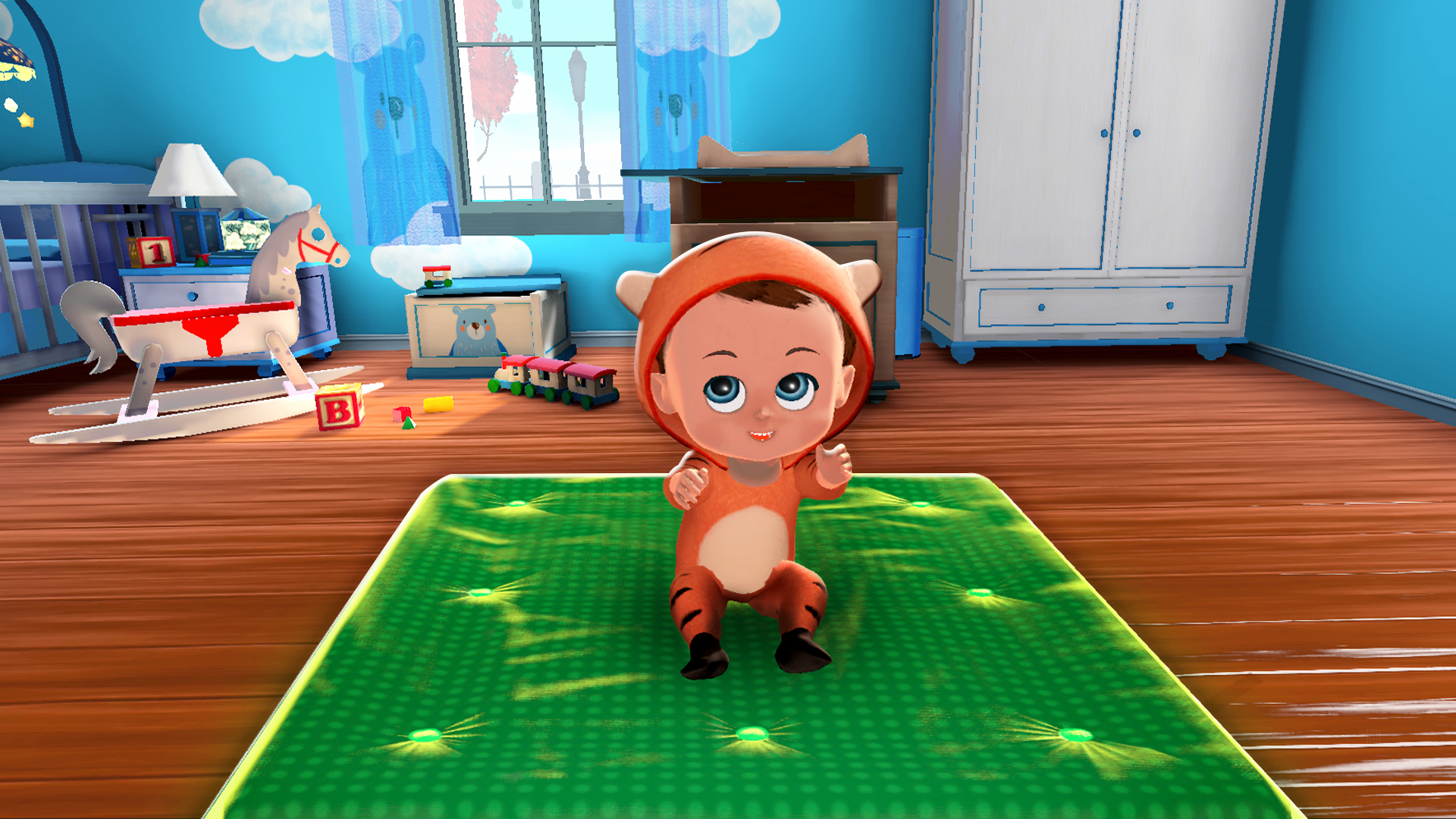 Kreskówkowe dziecko w stroju tygrysa, stojące na zielonej macie. W tle pokój dziecięcy.