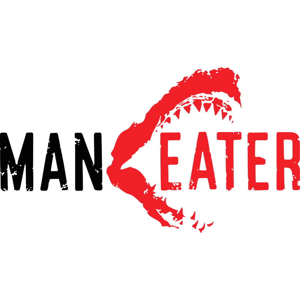 Logo 'MAN EATER' z czerwonymi szczękami rekina na białym tle.