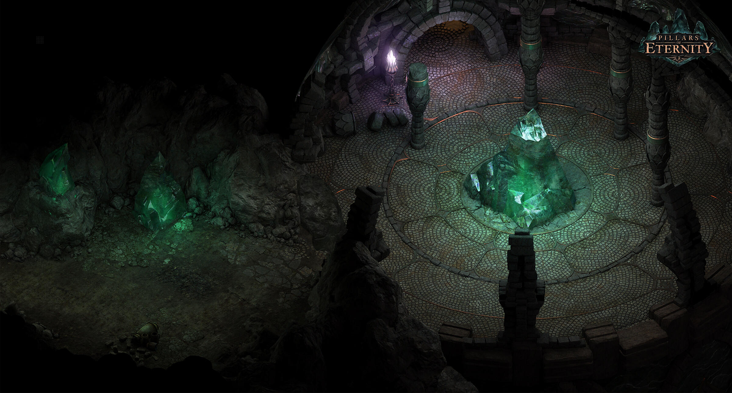 Innenraum eines Fantasy-Dungeons in Pillars of Eternity. Leuchtende Kristalle, Statuen und eine dunkle Umgebung.