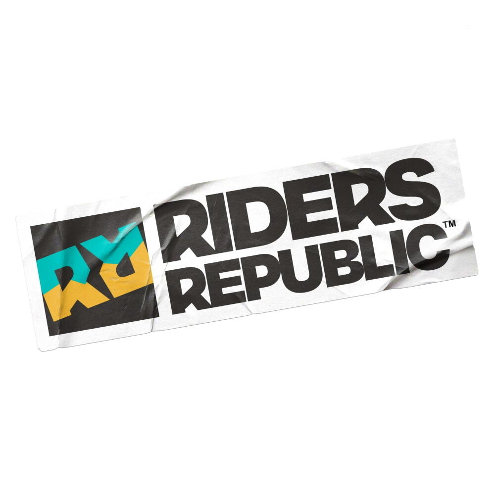 Adesivo bianco con 'RIDERS REPUBLIC' in nero. Logo colorato a sinistra.