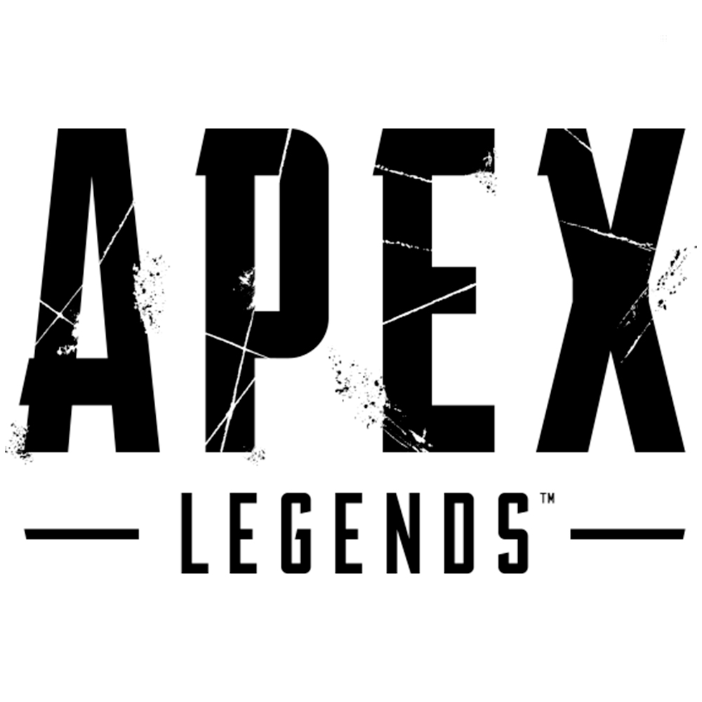 Logo Apex Legends w czerni i bieli, z postarzaną teksturą i białymi liniami.