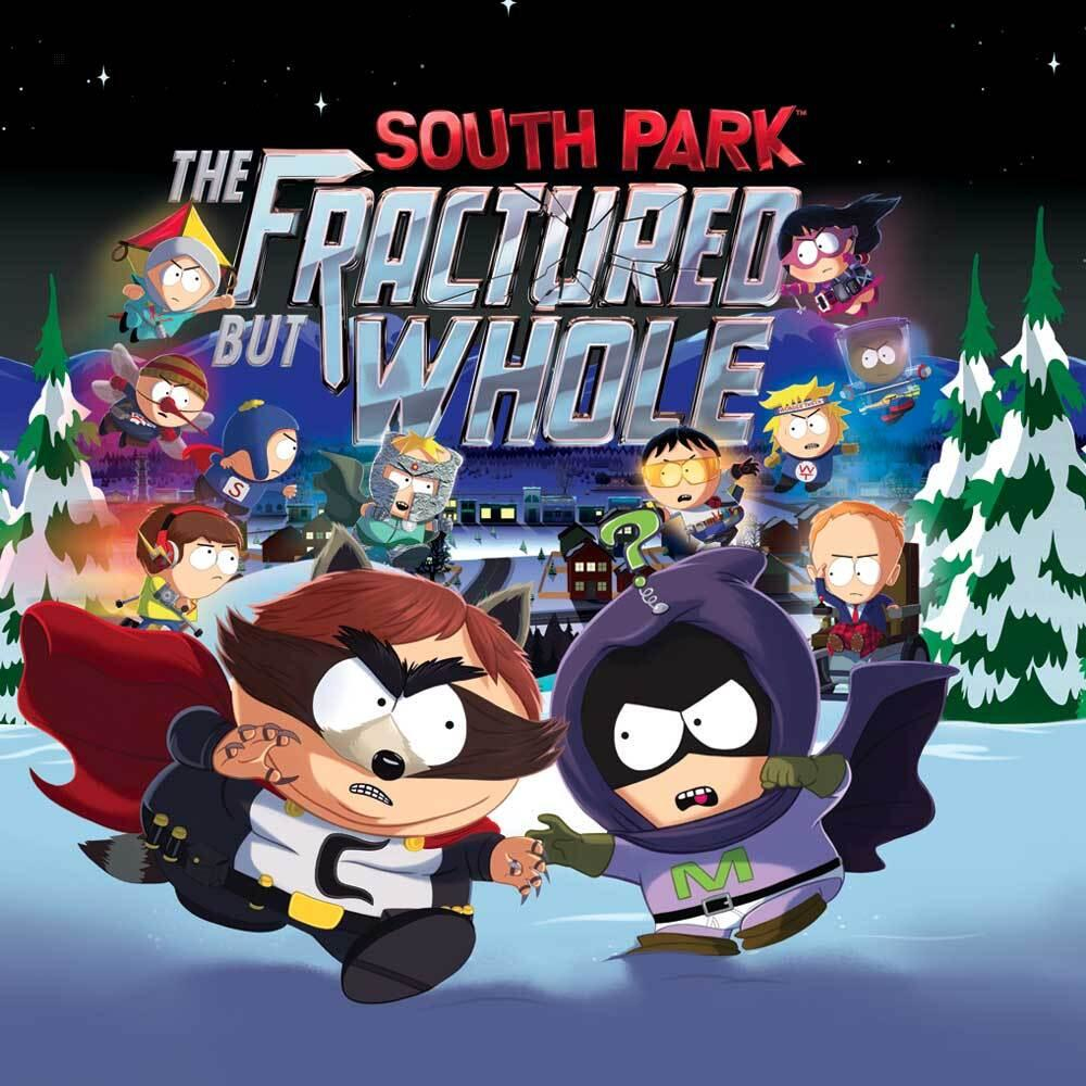 Personaggi di South Park: The Fractured But Whole, su sfondo innevato, con un procione e un supereroe.