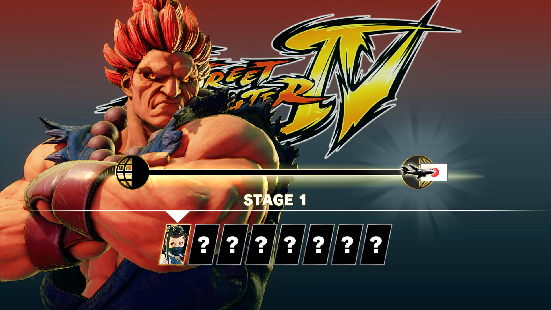 Interfejs gry Street Fighter IV z wyborem postaci Akumy, etap 1 i slotami postaci.