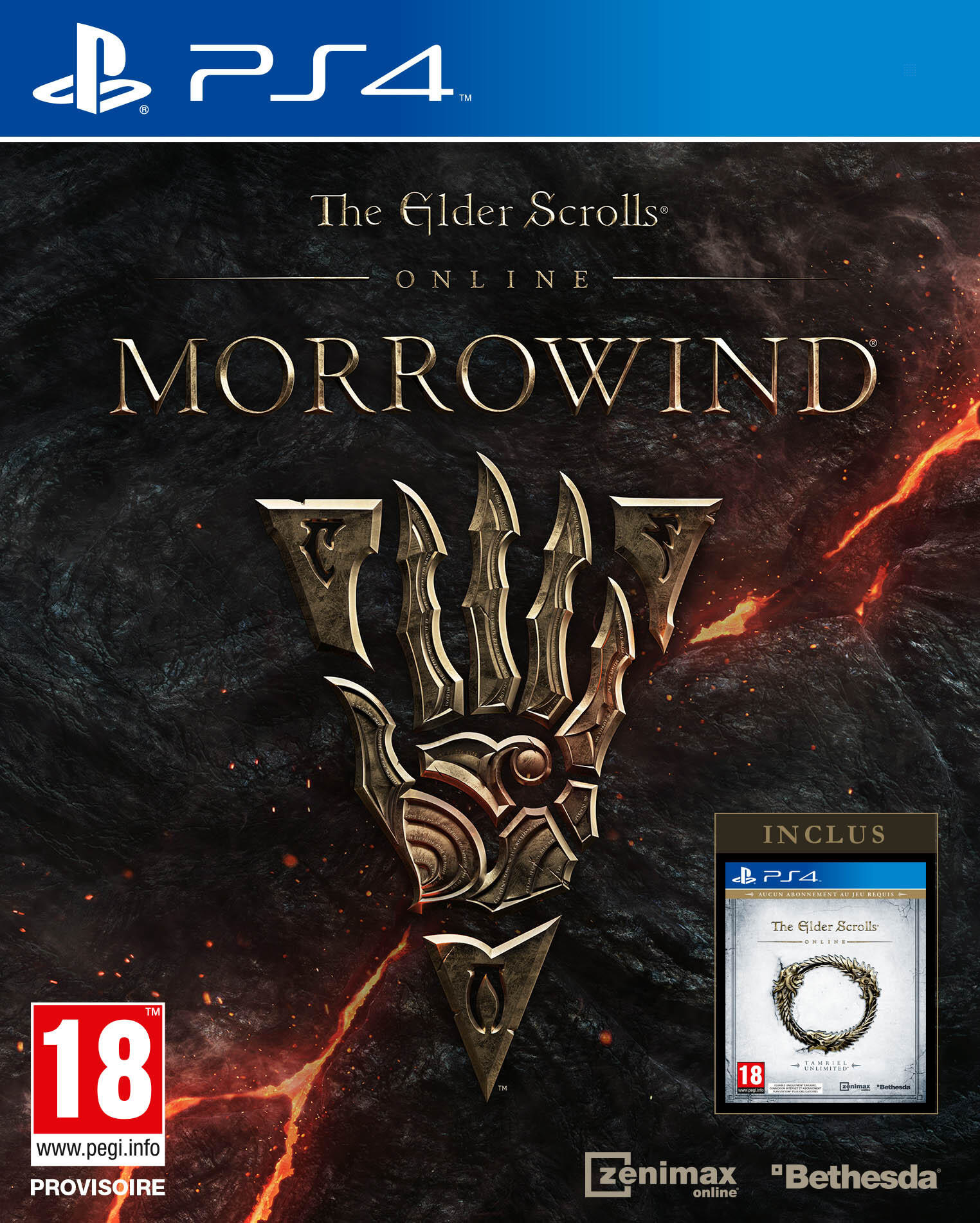 Okładka gry The Elder Scrolls Online: Morrowind z symbolem dłoni, ognistym tłem i pudełkiem PS4.