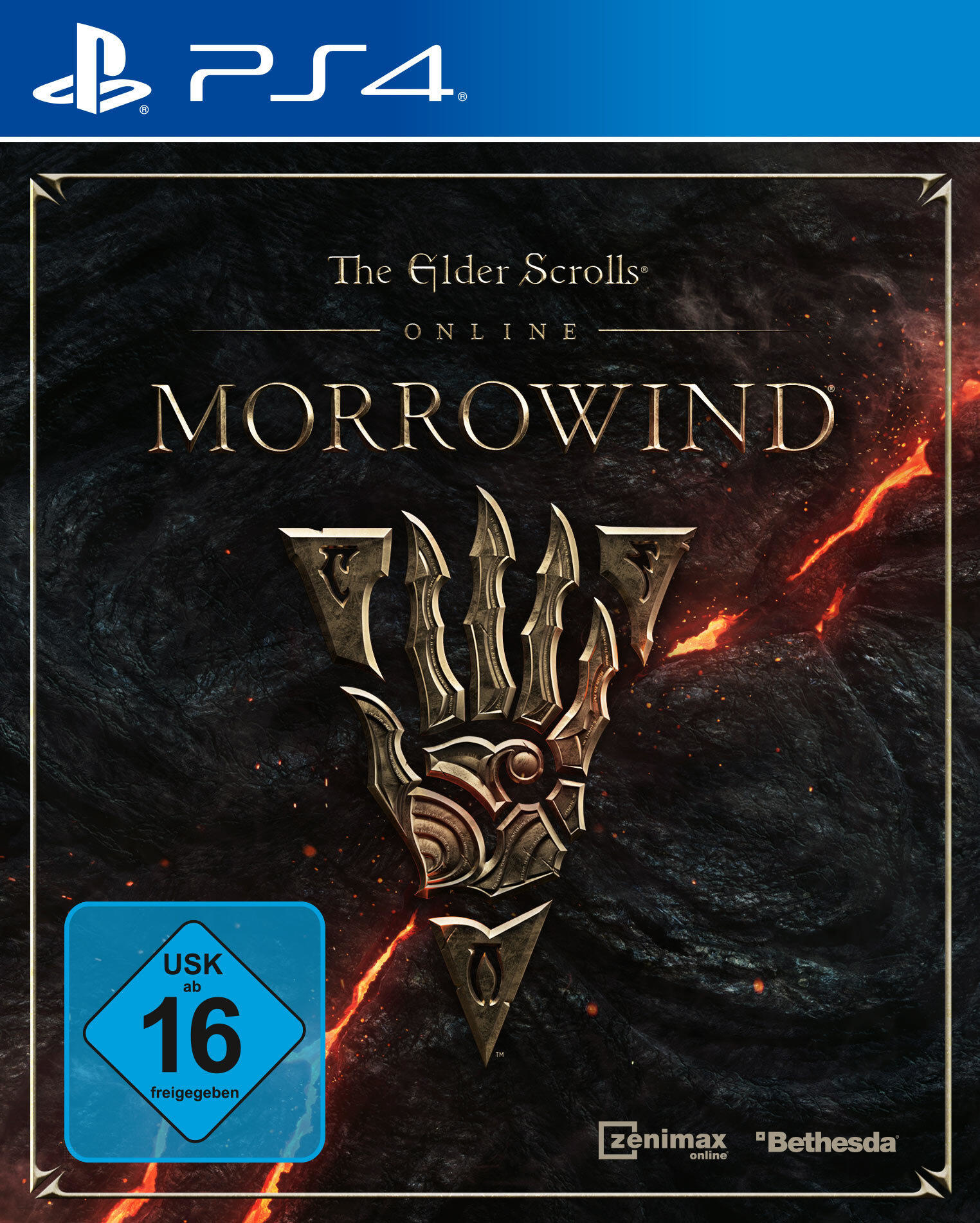 Okładka gry The Elder Scrolls Online: Morrowind z symbolem dłoni i ognistym tłem.