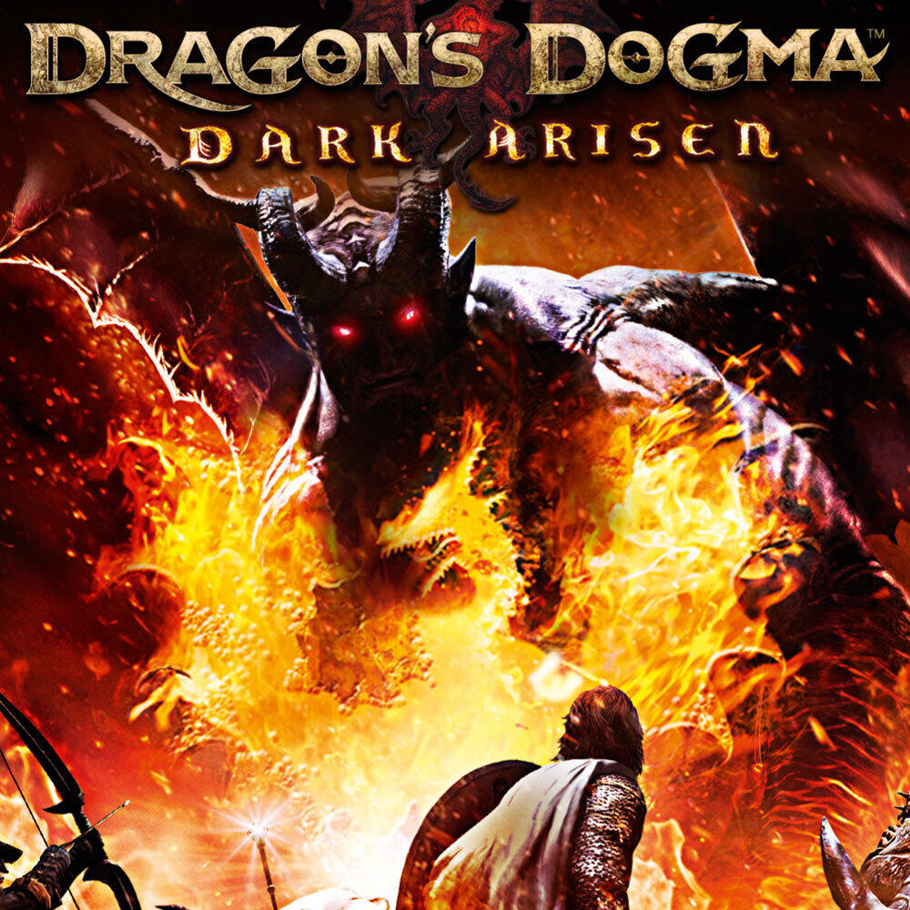 Grafika okładki Dragon's Dogma Dark Arisen z demonem, ogniem i wojownikiem.