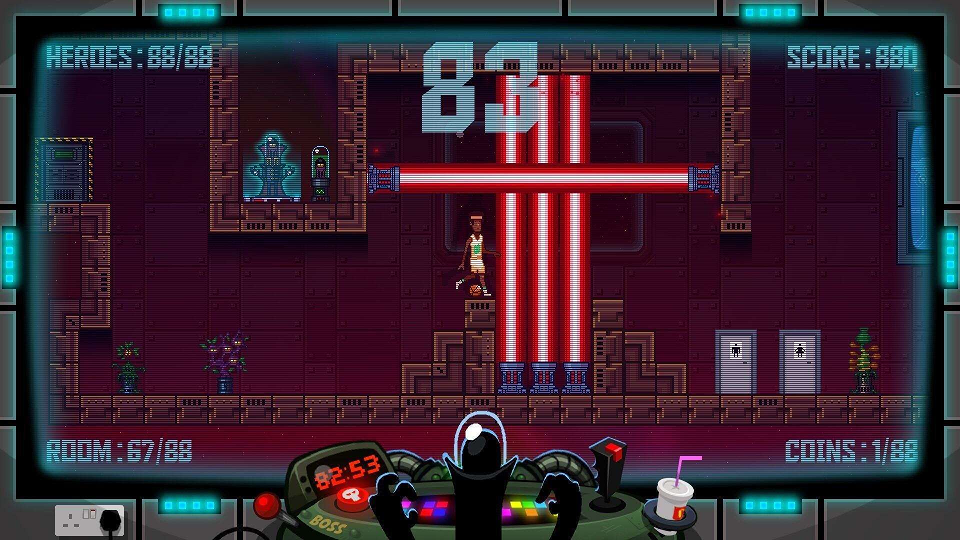 Scena di gioco pixelata: un personaggio salta sopra i laser. Sono presenti un boss e altri personaggi.