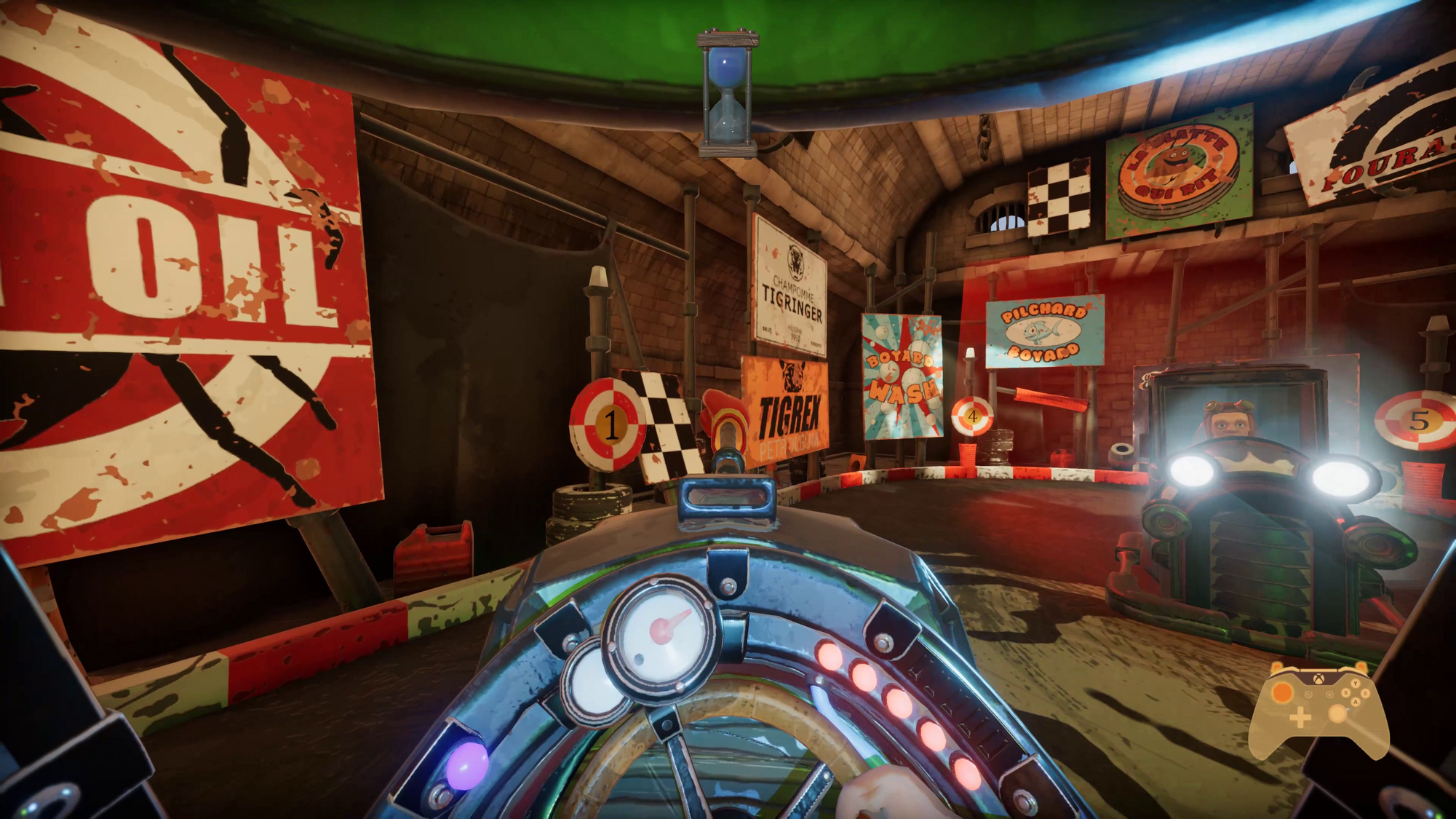 Widok z gry: Kokpit samochodu wyścigowego, styl vintage, znaki, tor, włączony timer.