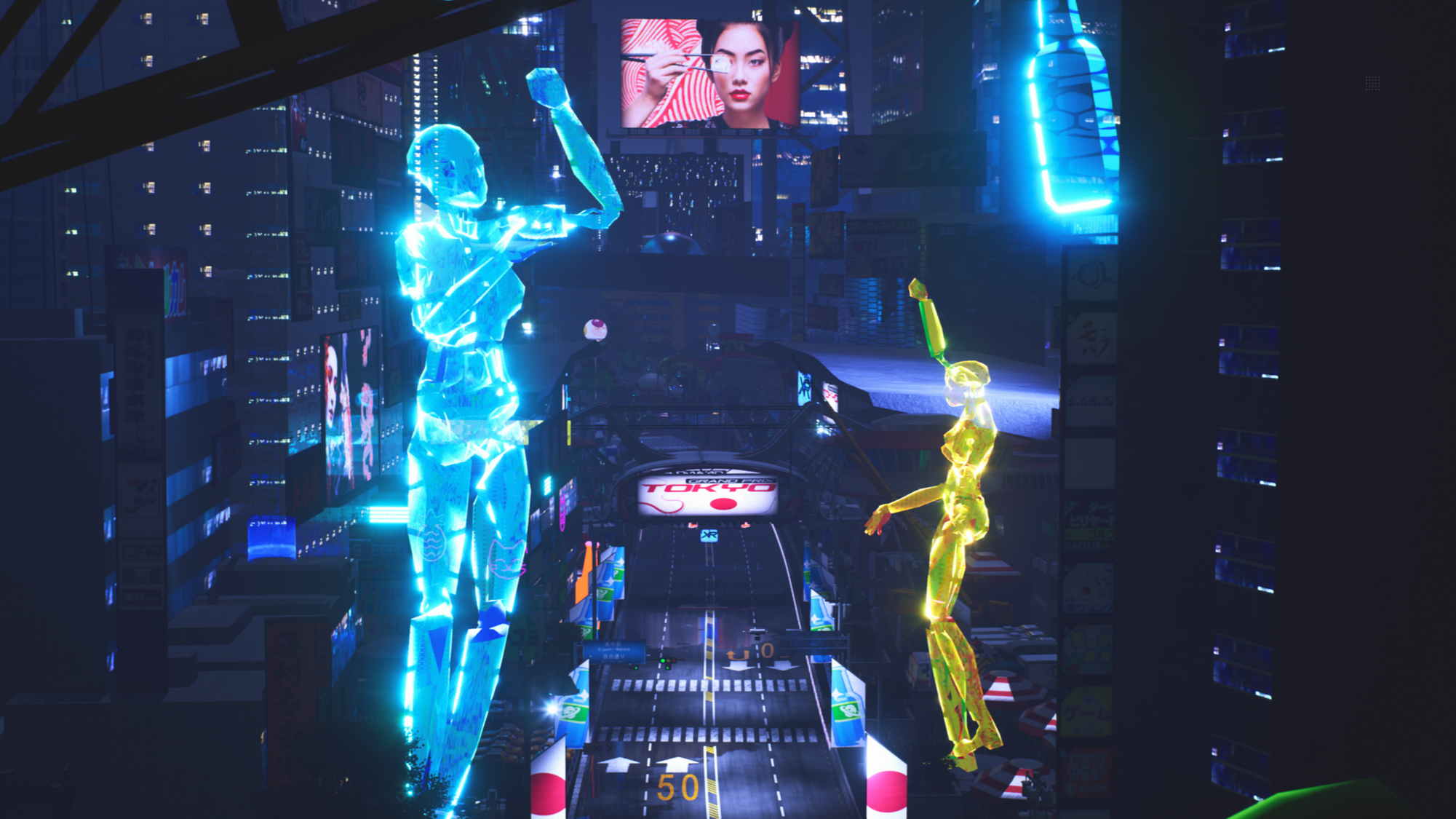 Due figure olografiche in una città futuristica. Una è blu, l'altra oro. Luci al neon.