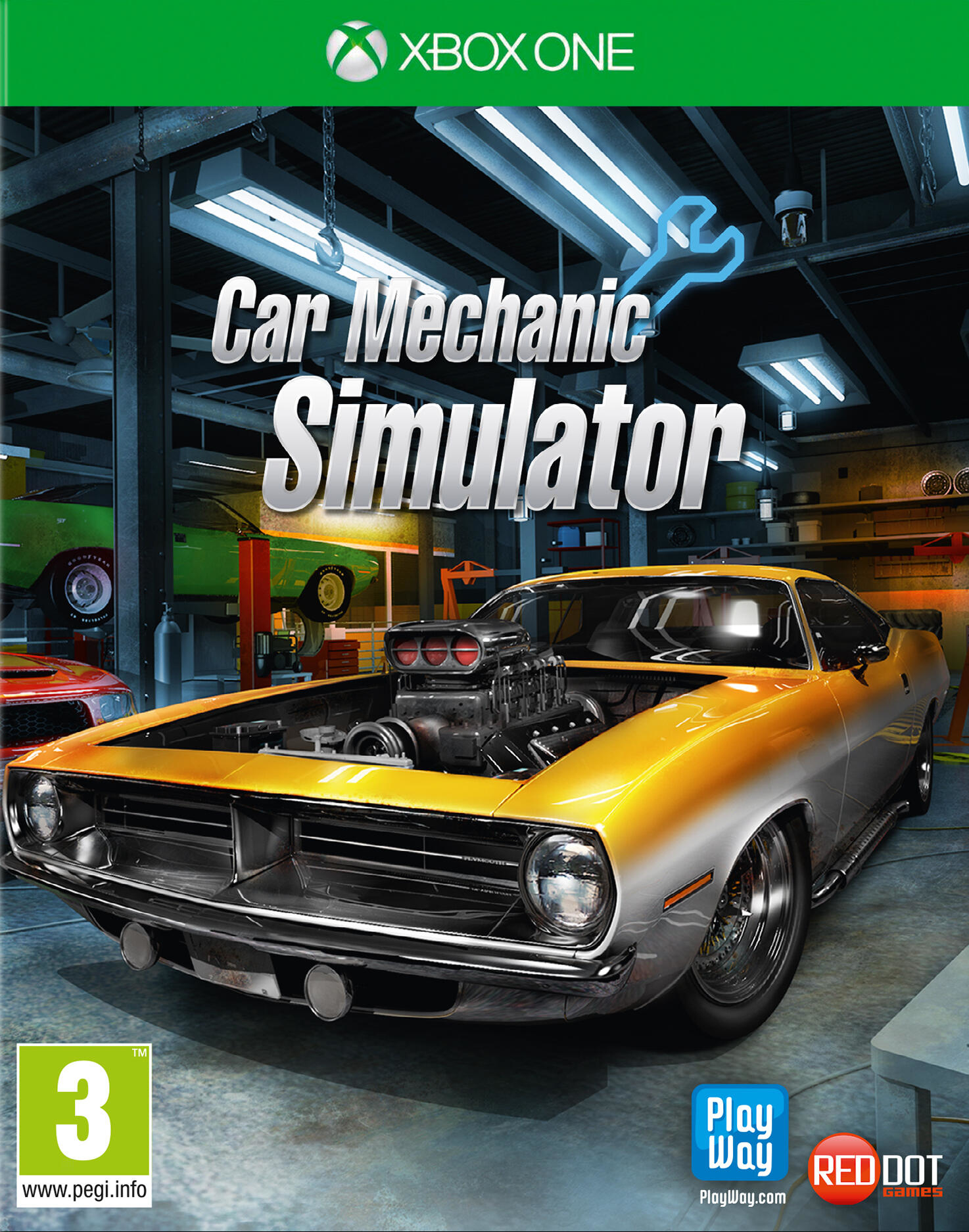 Okładka Car Mechanic Simulator: Klasyczny żółty samochód w garażu, nad nim klucz.
