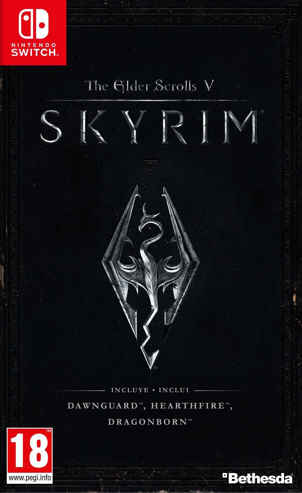 Okładka gry The Elder Scrolls V: Skyrim na czarnym tle, z symbolem smoka.