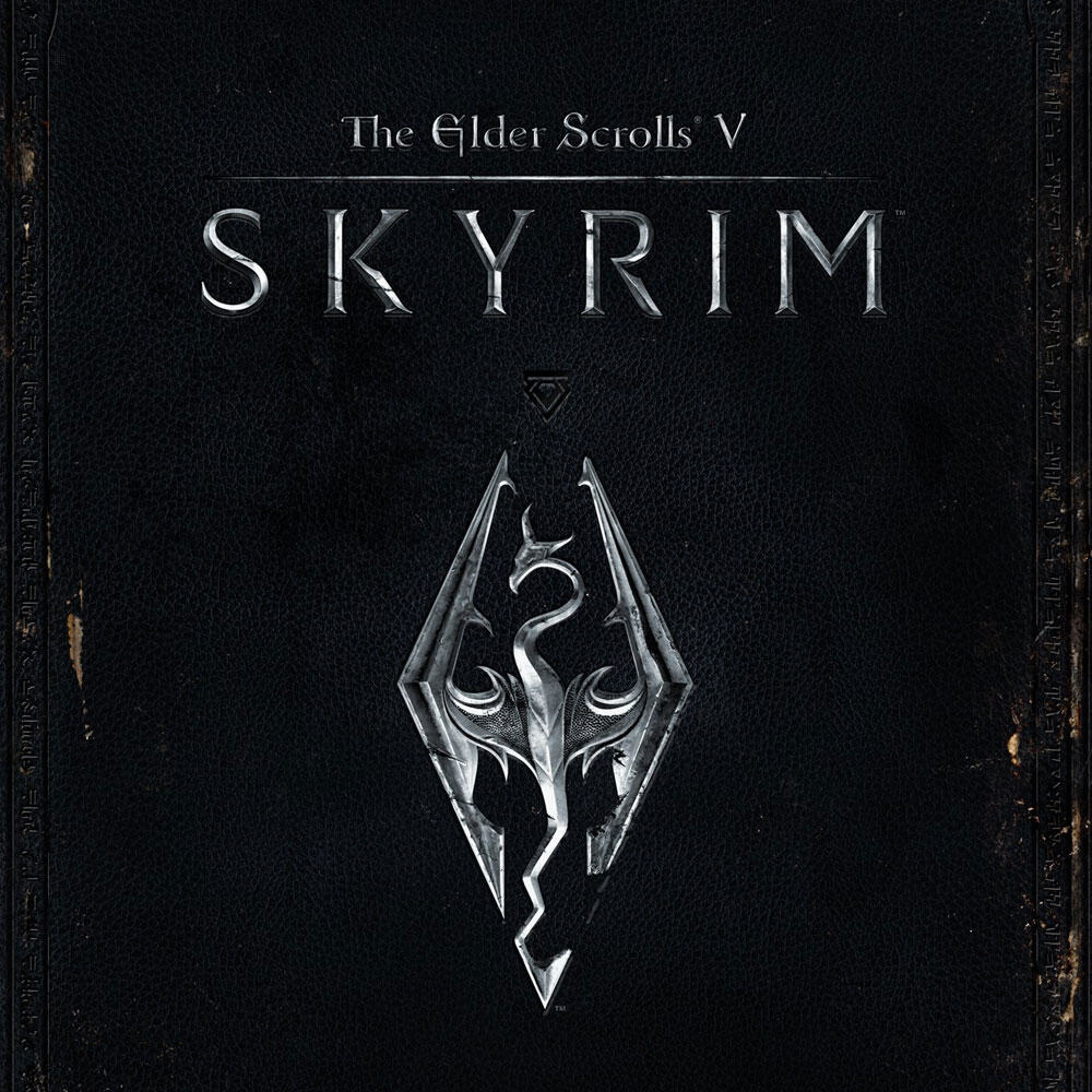 Okładka gry The Elder Scrolls V: Skyrim. Ciemna okładka z logo gry i symbolem smoka.