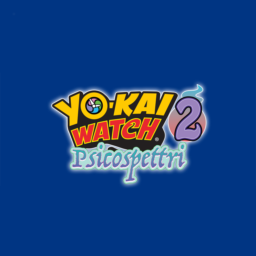 Logo Yo-Kai Watch 2 na niebieskim tle. Tytuł jest wielokolorowy z kreskówkowym designem.