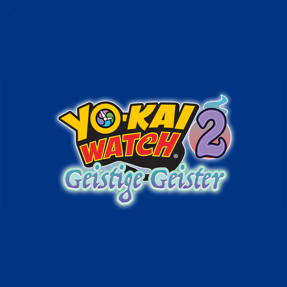 Logo Yo-Kai Watch 2: Geistige Geister na niebieskim tle. Tytuł jest wielokolorowy.