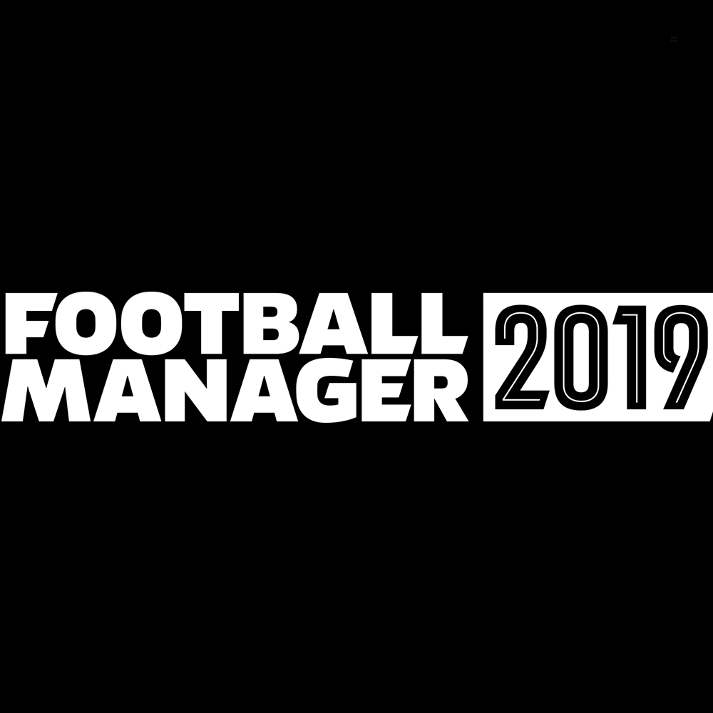 Logo di Football Manager 2019 su sfondo nero.