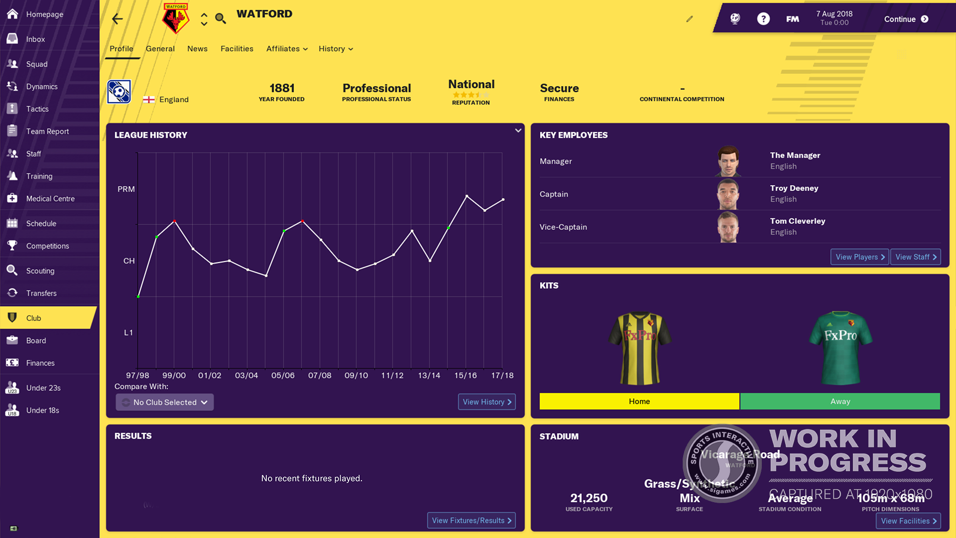 Interfaccia di gioco di Football Manager 2019 con dati del team.